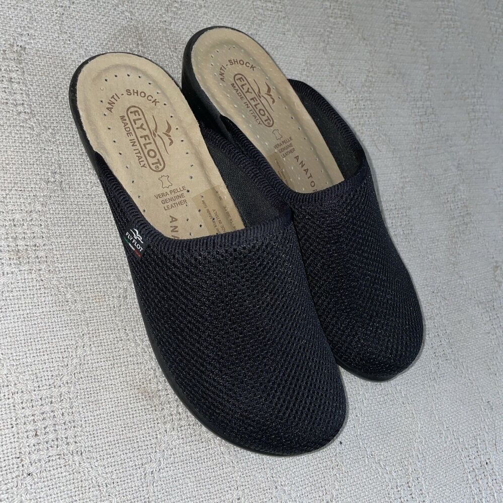 Flyflot Womenβs Comfort Mules Size 39 U.S. 8 M Black Fabric Going Out Party NWOB